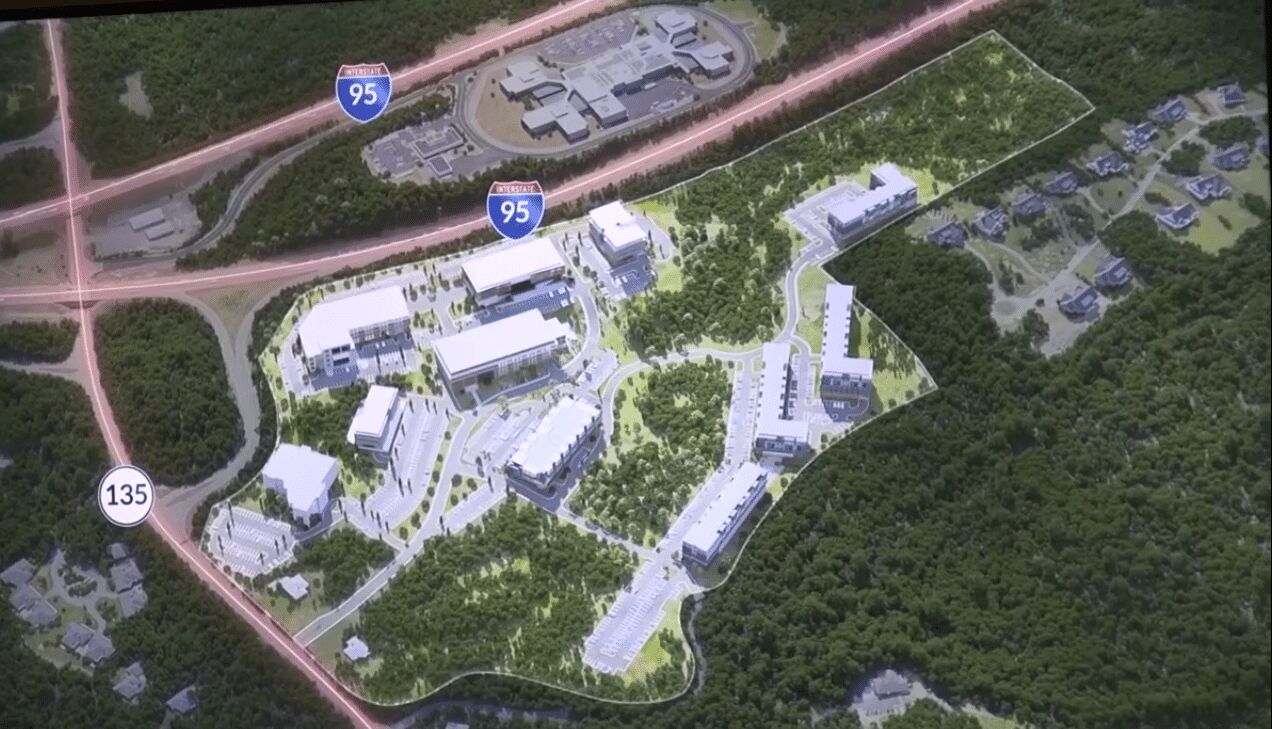 Aerial rendering of the proposed lab and housing project in Dedham