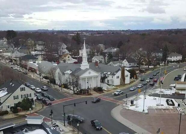 Aerial view of Islington center in Westwood, MA
